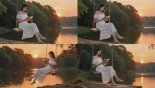 夕阳下荡秋千的恬静少女高清在线视频素材下载