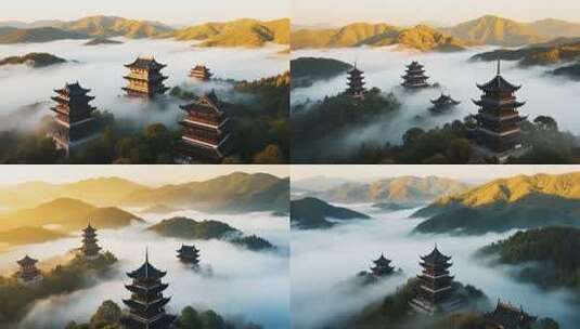 山间古建筑云雾环绕景观高清在线视频素材下载