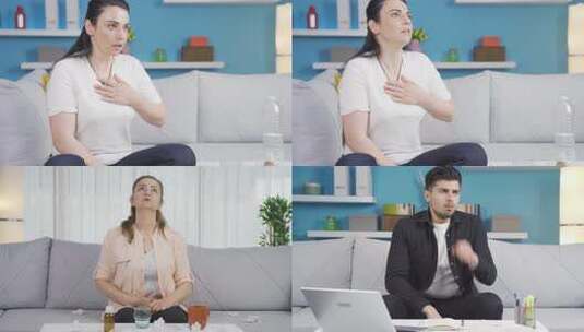 沙发上抚胸面露不适高清在线视频素材下载