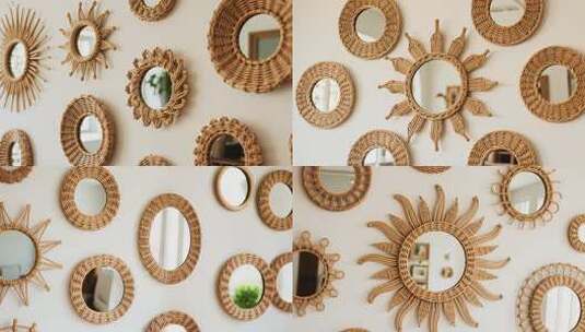 墙面藤编装饰镜特写高清在线视频素材下载