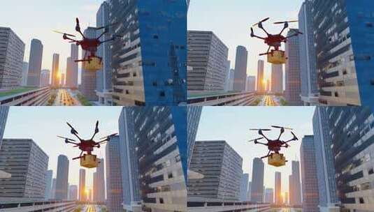 低空经济和城市街道上空送货的无人机高清在线视频素材下载