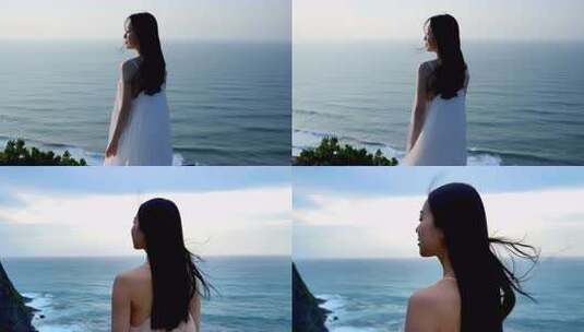 女子海边身着白裙眺望远方高清在线视频素材下载