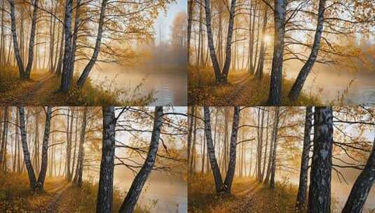 晨曦中的金色白桦林高清在线视频素材下载