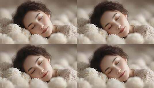 花丛中沉睡的宁静女性面容高清在线视频素材下载