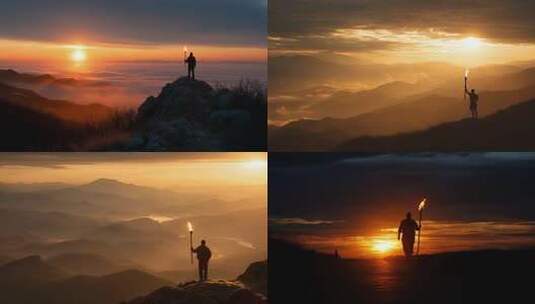 希望的火炬山顶火炬手与日出高清在线视频素材下载