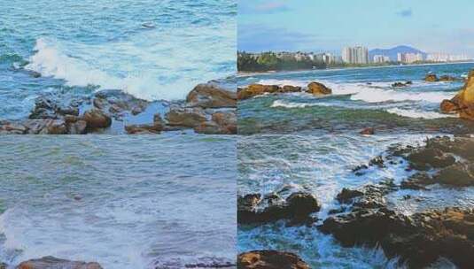 海南三亚清水湾浪潮拍打礁石激起白色浪花朵朵高清在线视频素材下载