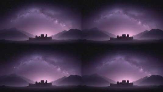 紫色星空下古老城堡的神秘剪影高清在线视频素材下载