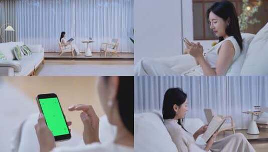 女性居家休闲看书玩手机高清在线视频素材下载
