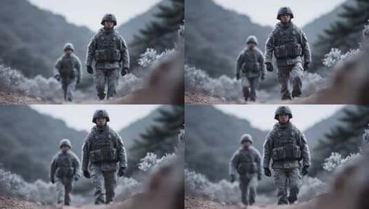 雪山中士兵坚定前行保家卫国高清在线视频素材下载