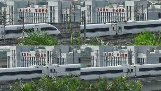 和谐号高铁行驶于建筑物旁高清在线视频素材下载