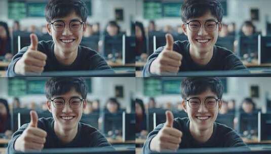 办公室里年轻员工成功竖起大拇指高清在线视频素材下载