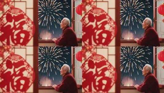 老人窗边赏新年烟花高清在线视频素材下载