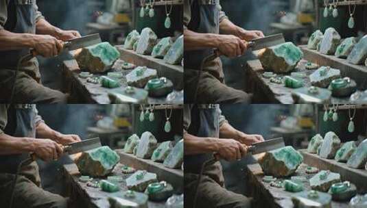 工匠切割翡翠玉石素材高清在线视频素材下载