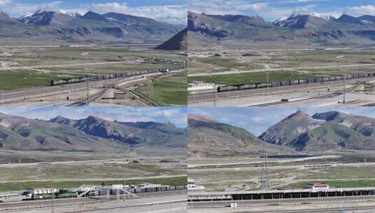 青藏铁路火车穿行雪山草原高清在线视频素材下载