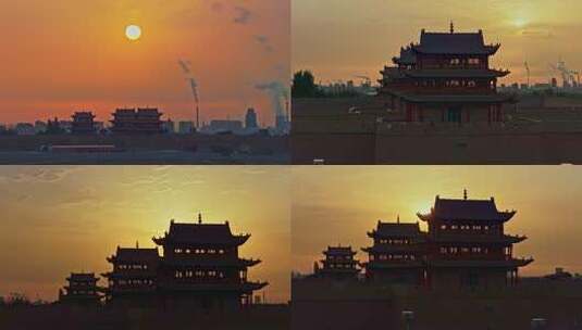 嘉峪关古建筑日落景象高清在线视频素材下载