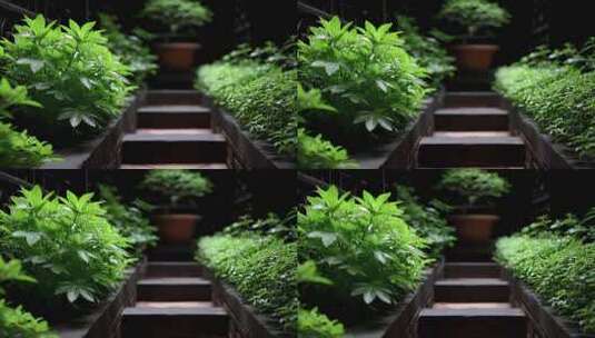 绿植盆栽点缀的幽静台阶小路高清在线视频素材下载