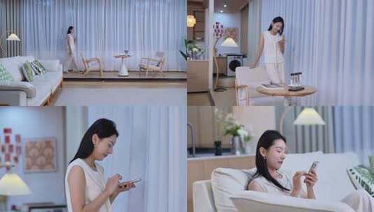 居家女人倚沙发看手机画面高清在线视频素材下载