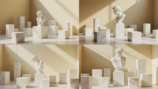 室内雕塑与几何方块光影场景高清在线视频素材下载