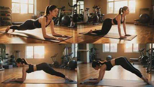 女性健身房做平板支撑高清在线视频素材下载