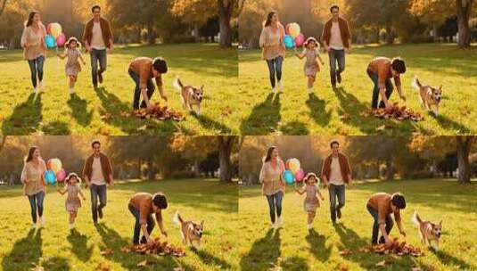 一家四口在公园嬉戏场景高清在线视频素材下载