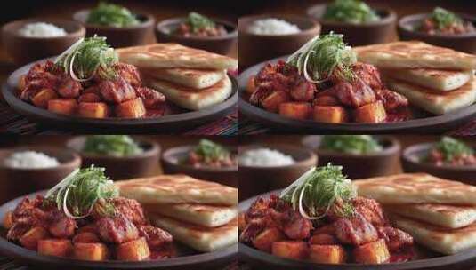 诱人韩式辣炖鸡搭配蓬松馕饼美食高清在线视频素材下载