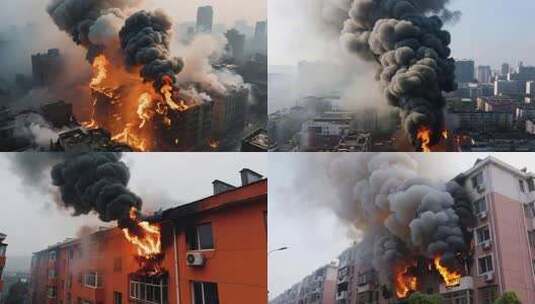城市中建筑物起火浓烟滚滚高清在线视频素材下载