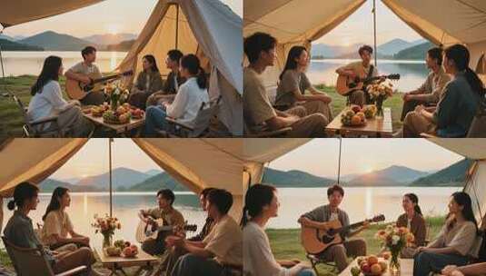 多人户外露营围坐弹吉他高清在线视频素材下载