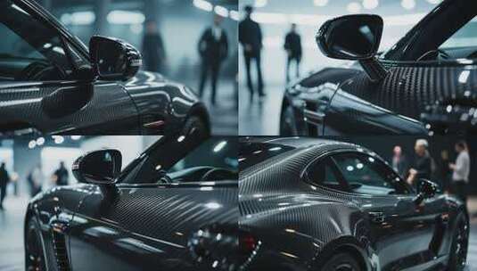 黑色汽车侧视及背景模糊人物高清在线视频素材下载