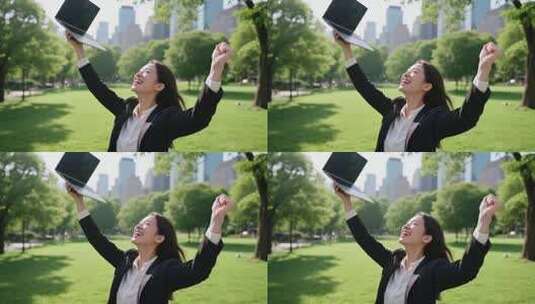 女商人户外举笔记本电脑庆祝高清在线视频素材下载