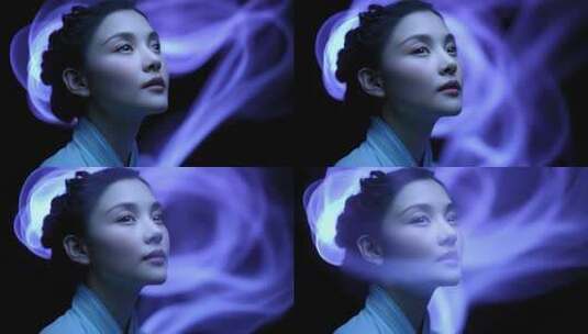 东方女性的神秘优雅与科技光影交织高清在线视频素材下载