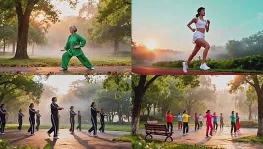 清晨公园晨练晨跑散步各种人群锻炼晨练高清在线视频素材下载