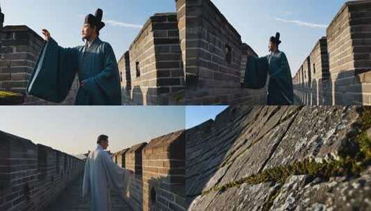 古装男子于城墙处抬手远望高清在线视频素材下载
