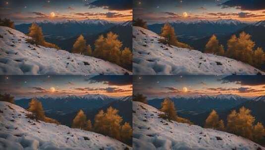 雪山月夜下的金黄树林景观高清在线视频素材下载
