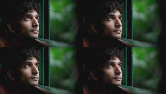 青年男子窗边沉思眺望远方高清在线视频素材下载