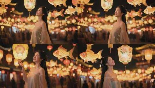 古装女子赏灯会场景高清在线视频素材下载