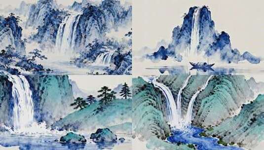 水墨山水瀑布意境 中国风山水画卷高清在线视频素材下载