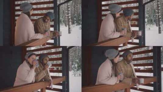 特写情侣在白雪皑皑的森林里赏雪喝咖啡高清在线视频素材下载