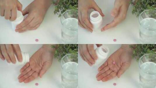 女性手打开罐子，在一杯水丸和药物的背景下高清在线视频素材下载