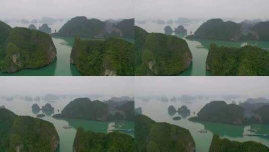 越南著名旅游目的地下龙湾上空的高空高清在线视频素材下载