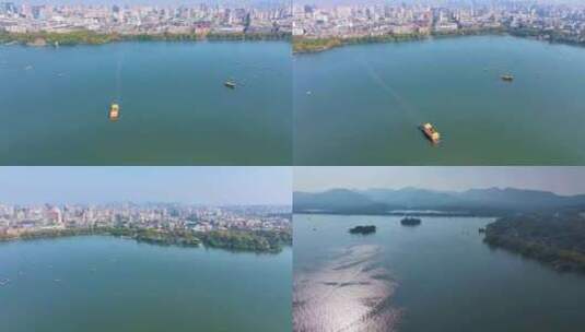 浙江杭州西湖景区大景全景游船船舶航拍风景高清在线视频素材下载