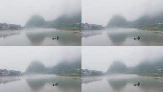 航拍广西桂林烟雨漓江水墨画高清在线视频素材下载