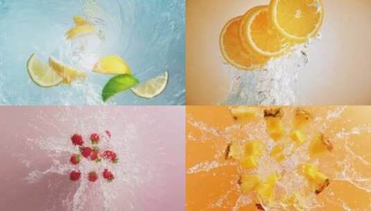 水果落入水中柠檬橙子草莓菠萝果汁饮料高清在线视频素材下载