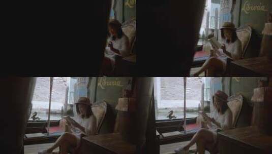 女孩在码头看书高清在线视频素材下载
