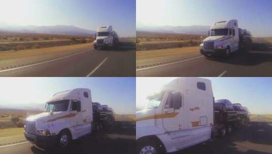 输卡车行驶在沙漠中的马路上高清在线视频素材下载