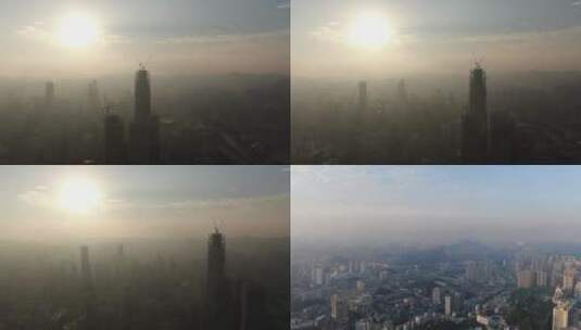 航拍贵阳城市清晨迷雾高楼吊塔高清在线视频素材下载