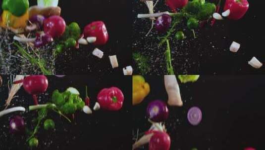 蔬菜漂洗视频慢镜头蔬菜飞起落入水中气泡高清在线视频素材下载