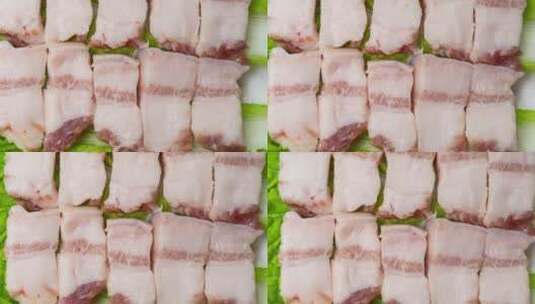 切片五花肉新鲜食材烹饪红烧肉4k镜头平移高清在线视频素材下载