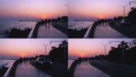 河北秦皇岛海边公路与日落夕阳唯美风景高清在线视频素材下载