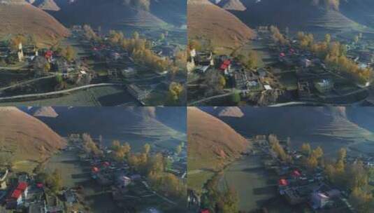 秋季新都桥早晨藏族村落航拍风景高清在线视频素材下载