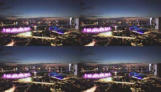 杭州滨江奥体中心亚运会体育场馆夜晚航拍高清在线视频素材下载